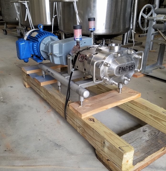 used Waukesha Cherry Burrell Model 130U2 Positive Displacement Rotary Lobe Pump. S/N 439632 07, with 10 HP Toshiba 1745 RPM, 460 Volts, 3 Phase motor into cast Stainless steel gearbox. Aprox. 3